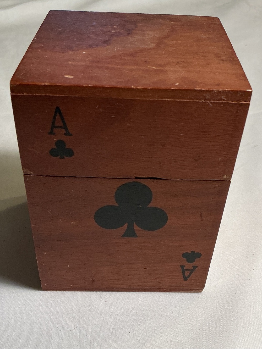Antique Brown Wooden Playing Card Deck Box hand painted w Aces 4 sided design